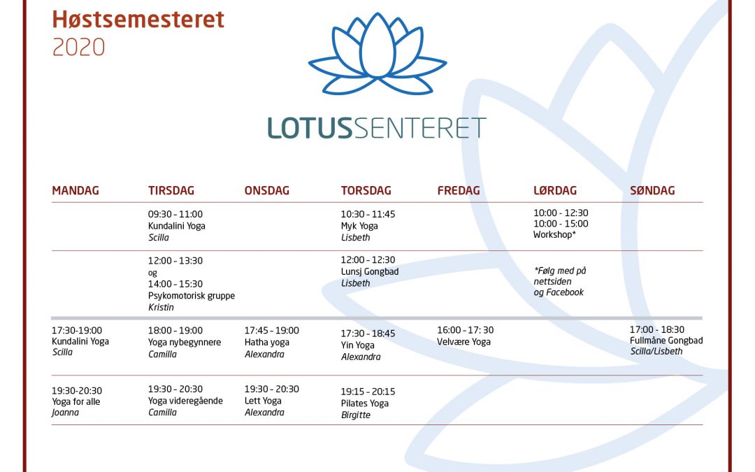 Yoga – timeplan høsten 2020 for Lotussenteret i Stavern/ Larvik