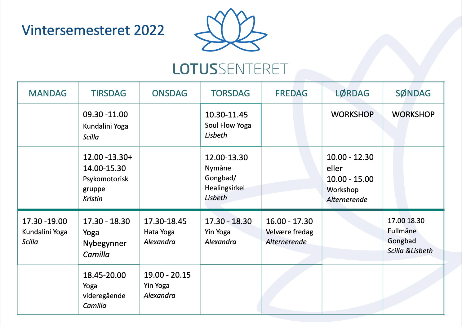 Timeplan vinteren 2022 på Lotussenteret i Larvik