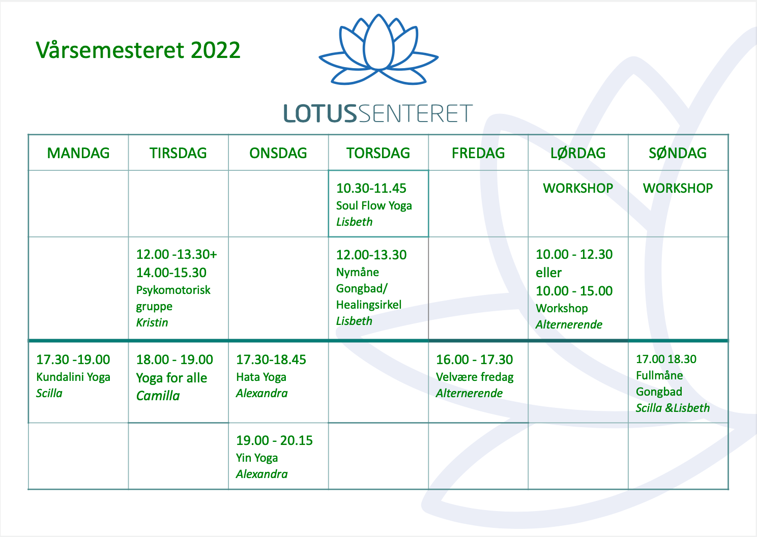Timeplan våren 2022 på Lotussenteret i Larvik