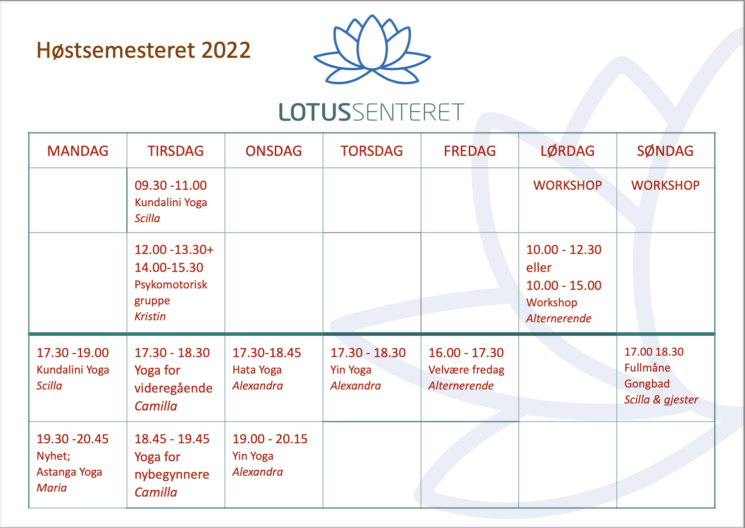 Høstens timeplan på Lotussenteret i Larvik