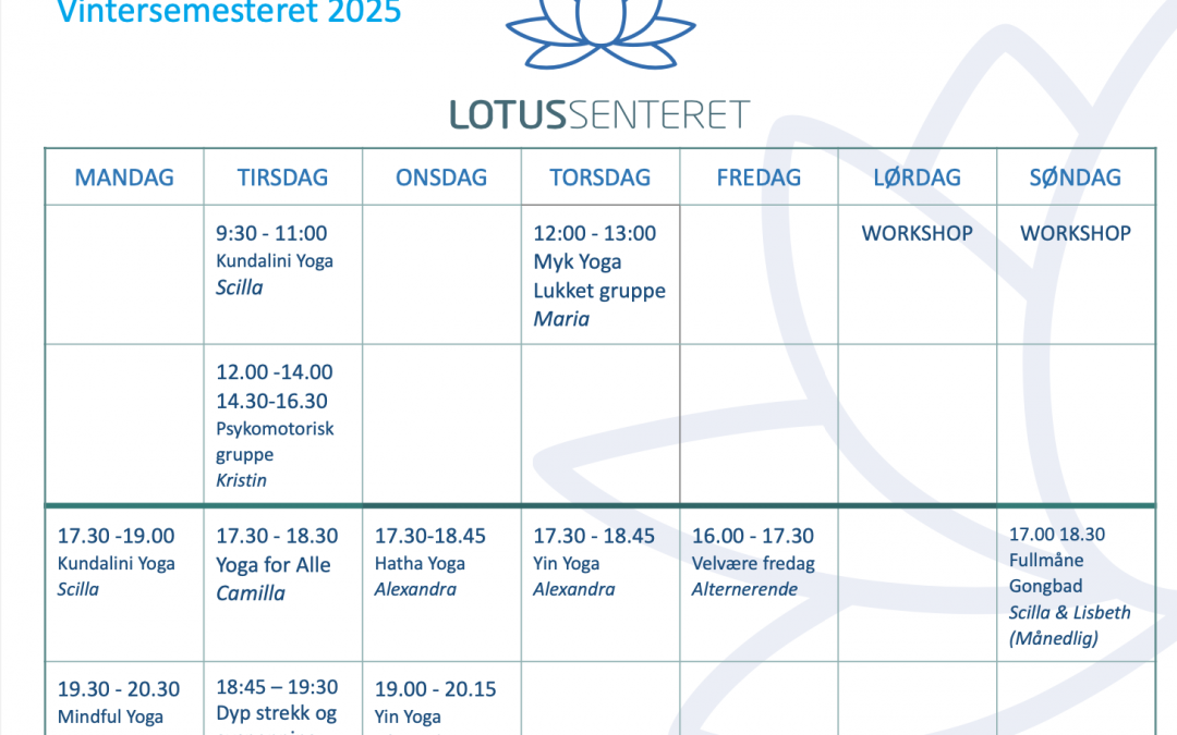 Timeplan vinter 2025 på Lotussenteret i Larvik – Yogasenter for mangfold og fellesskap