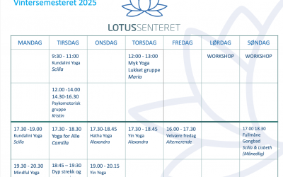 Timeplan vinter 2025 på Lotussenteret i Larvik – Yogasenter for mangfold og fellesskap
