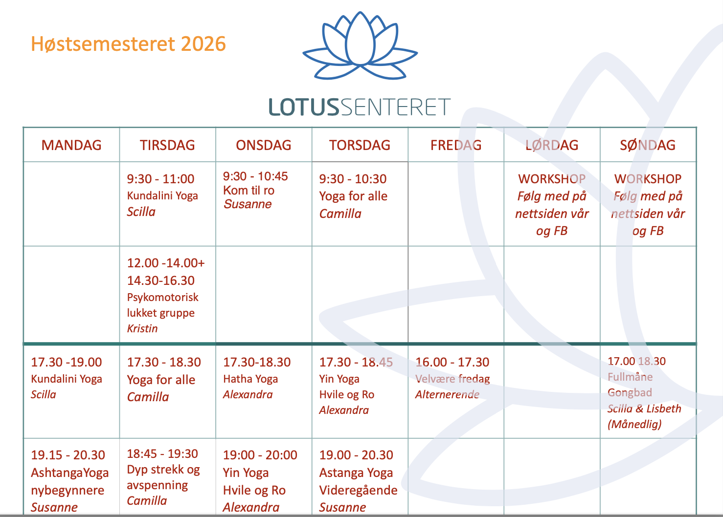 Høstens timeplan på Lotussenteret i Larvik